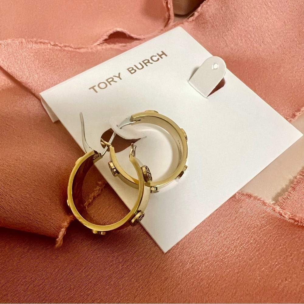 Tory Burch Miller Goldtone Logo Small Hoop Earrings - Picture 9 of 11